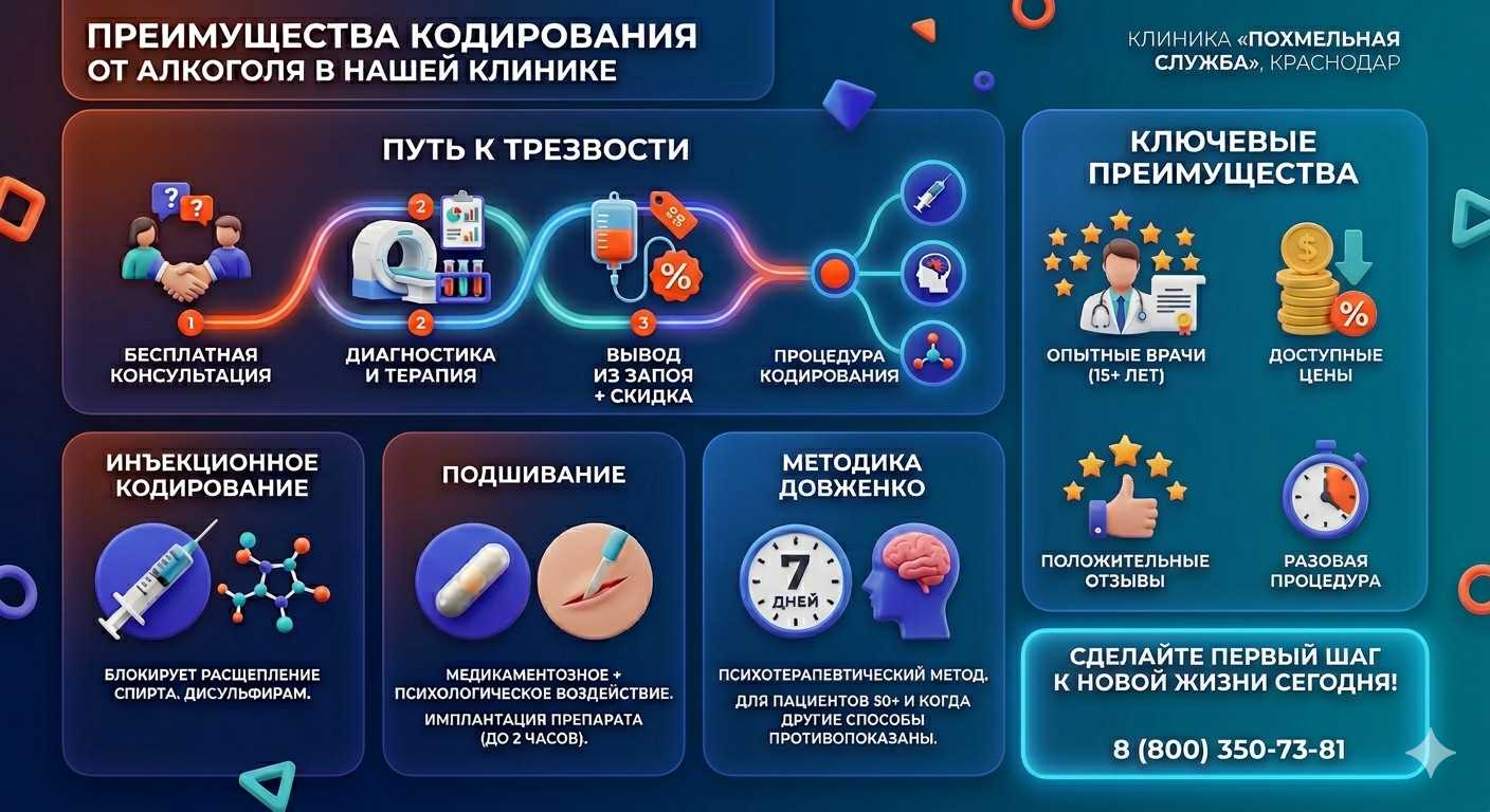 Инфографика о методах кодирования от алкоголя в Барсуках: инъекции, подшивание, метод Довженко. Преимущества клиники и этапы лечения.
