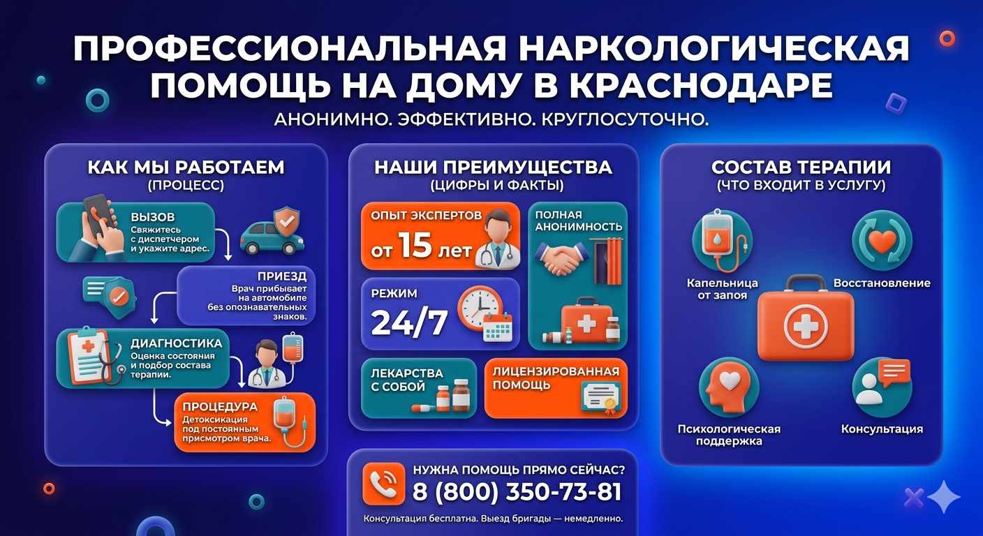 Инфографика о принципах лечения алкоголизма на дому в Барсуках: этапы вызова нарколога, преимущества анонимной детоксикации и состав медицинской помощи.